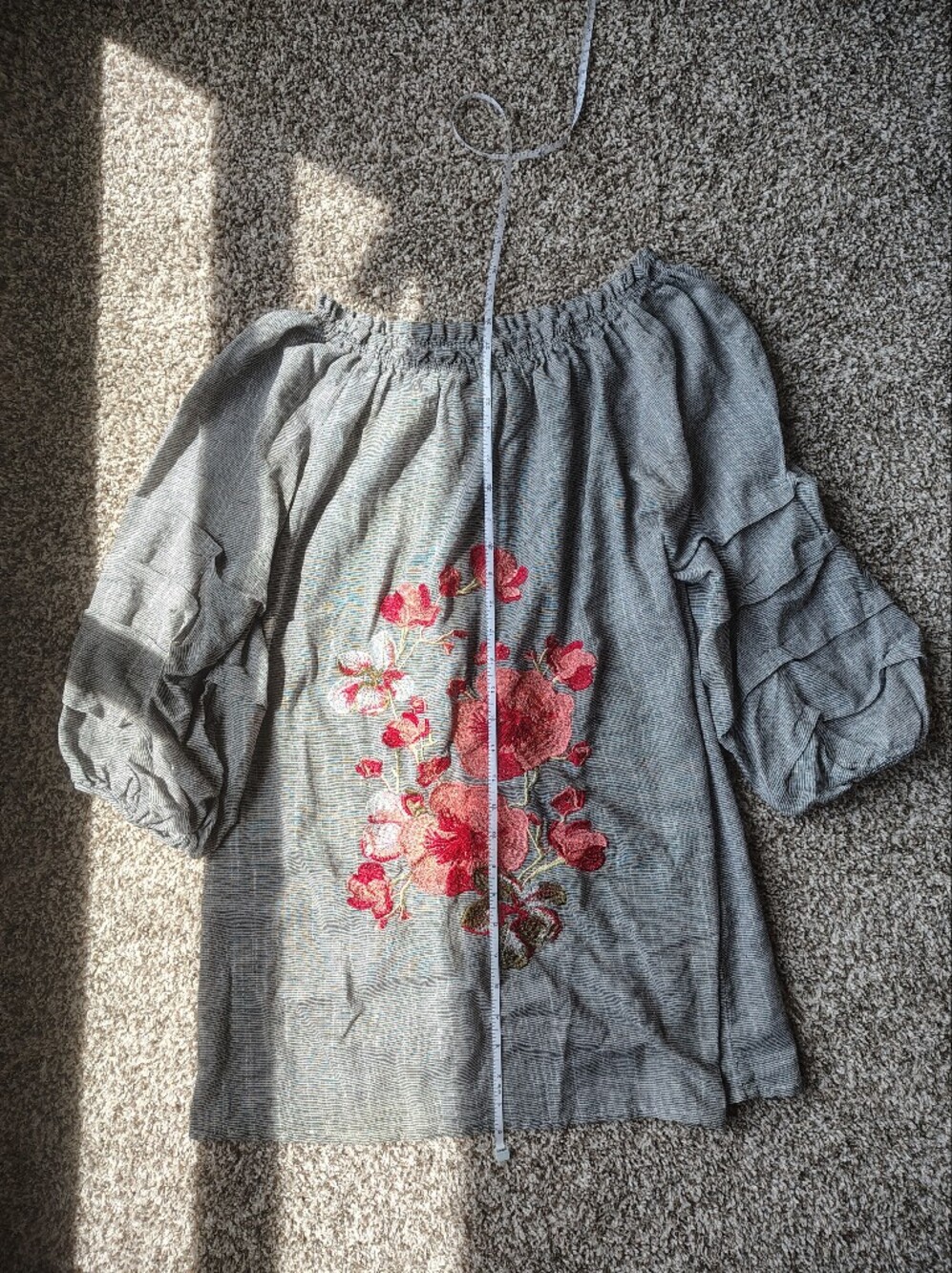 Velzera Embroidered Striped Off-Shoulder Mini Dress in Gray and White